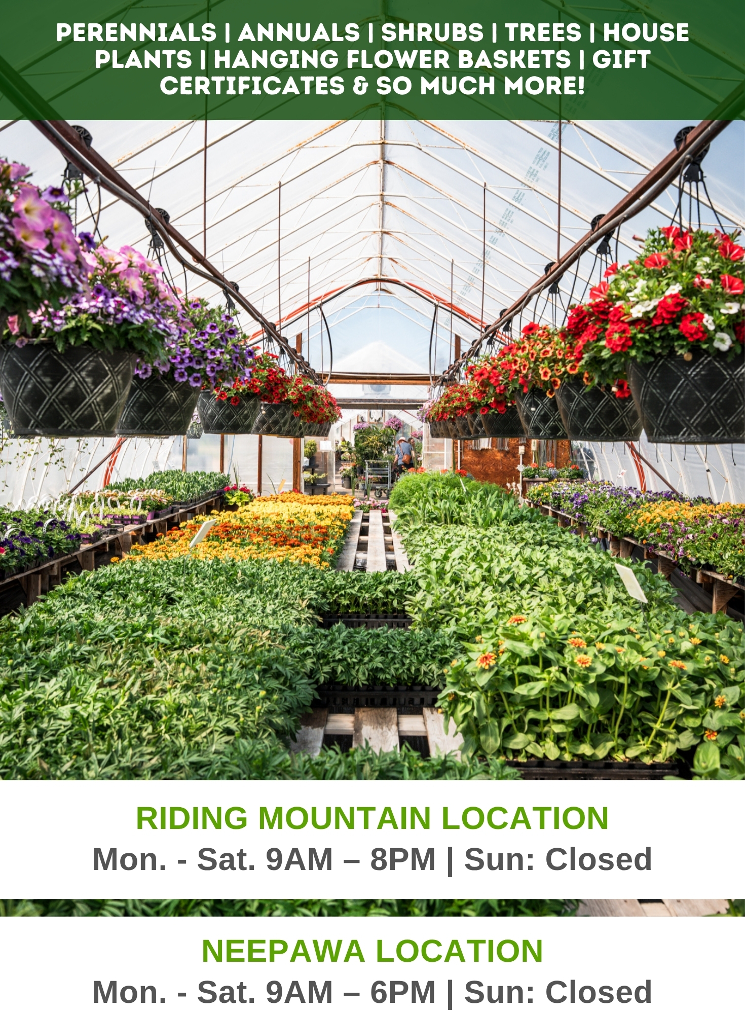 Perennials | Annuals | Shrubs | Trees | House Plants | Hanging Flower Baskets | Gift Certificates & so much more! Riding Mountain Location Mon. - Sat. 9AM – 8PM | Sun: Closed Neepawa Location Mon. - Sat. 9AM – 6PM | Sun: Closed